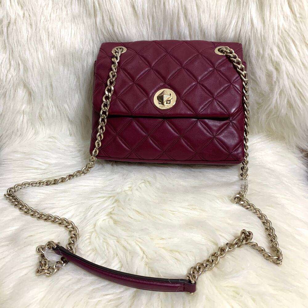 KATE SPADE Quilted Wine Burgundy Leather NATALIA Small Turnlock Flap Chain XBody